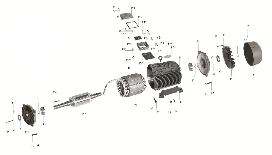 شماتیک انفجاری یک الکترو موتور سه فاز پوسته چدنی ساخت شرکت موتوژن